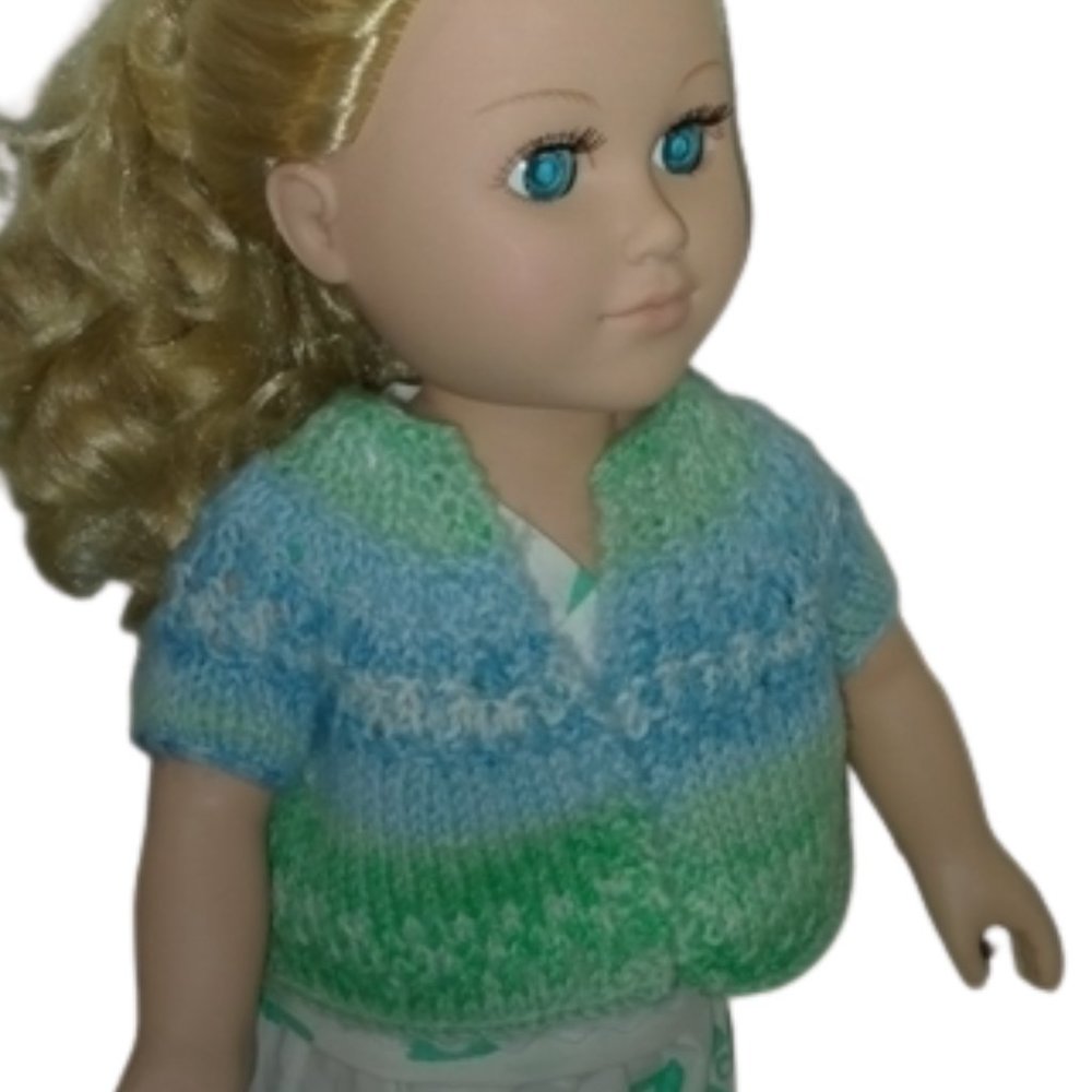 Handmade Knit SS Sweater Light Blue/Pale Green/White  for 18" Dolls